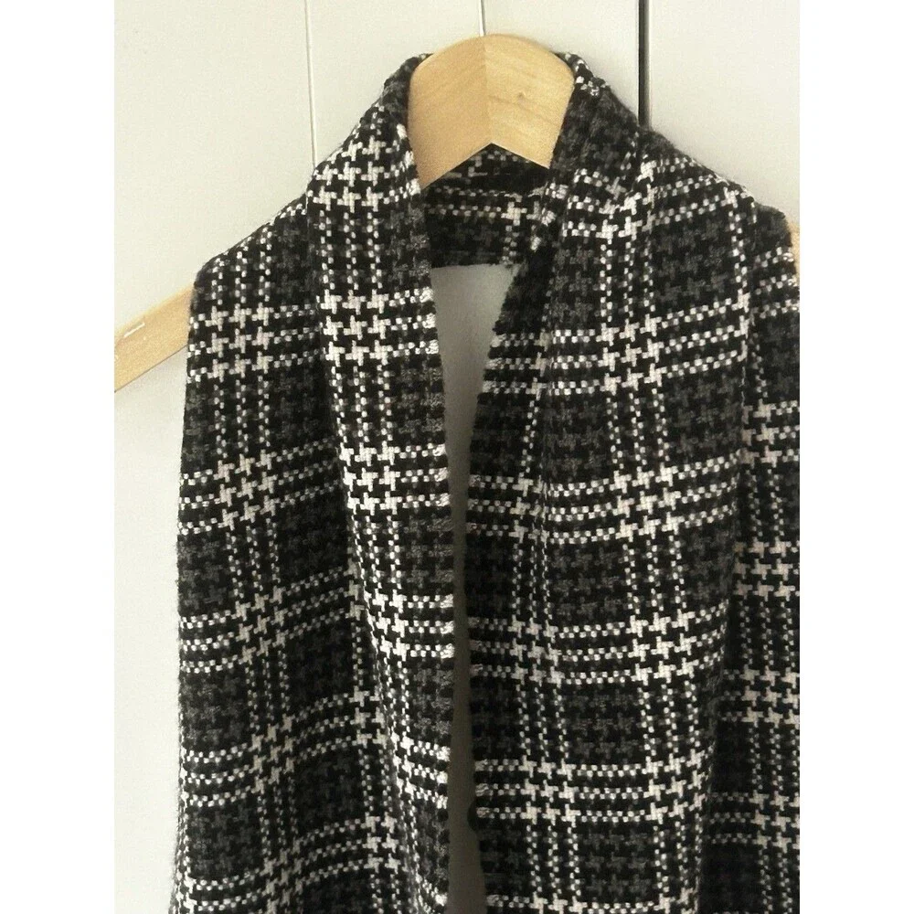 Charter Club 100% Cashmere Scarf Black Grey White Plaid Fringe Preppy Knit